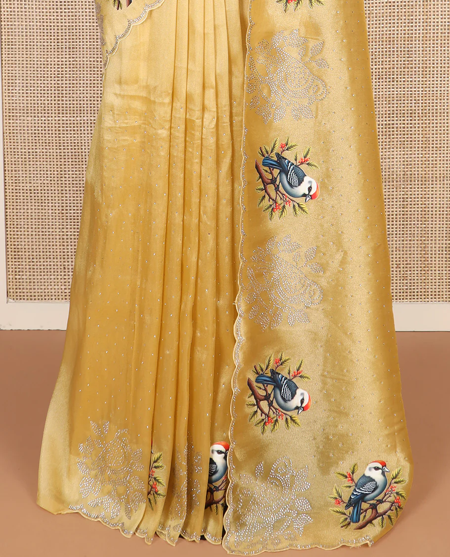 Yellow micro stone work designer saree with scallop stone work border of sparrow motifs digital print, and pallu of micro-stone work - Image 4