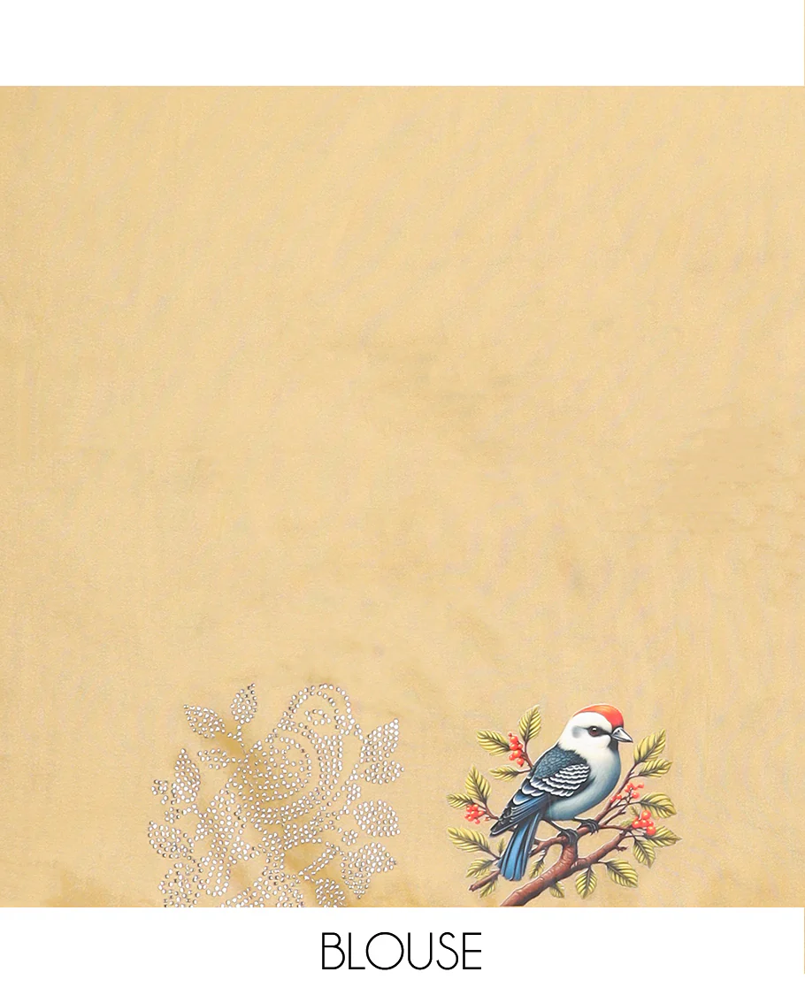 Yellow micro stone work designer saree with scallop stone work border of sparrow motifs digital print, and pallu of micro-stone work - Image 5