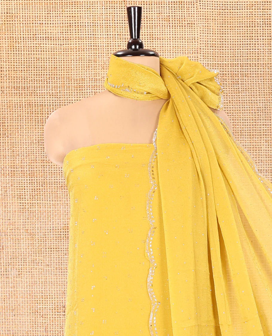Yellow Moss Organza Material Churidar Set, Embellished with Floral Embroidery and Stone Struck on Its Top, a Plain Santoon Bottom, and Paired with a Moss Organza Stone Work Scallop Dupatta - Image 3