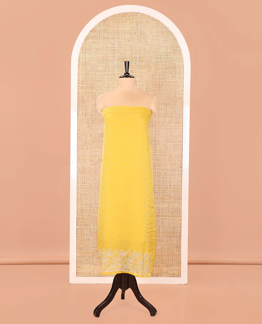 Yellow Moss Organza Material Churidar Set, Embellished with Floral Embroidery and Stone Struck on Its Top, a Plain Santoon Bottom, and Paired with a Moss Organza Stone Work Scallop Dupatta - Image 4