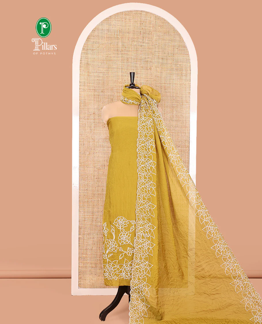 Yellow Organza Crushed Material Churidar Set, Elegantly Adorned with Floral-Themed Thread Embroidery Top, Comes with a Plain Santoon Bottom, and Is Paired with Organza Crushed Dupatta of Floral Thread Embroidery - Image 4