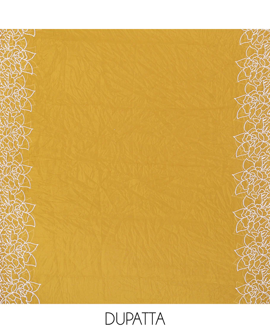 Yellow Organza Crushed Material Churidar Set, Elegantly Adorned with Floral-Themed Thread Embroidery Top, Comes with a Plain Santoon Bottom, and Is Paired with Organza Crushed Dupatta of Floral Thread Embroidery - Image 5