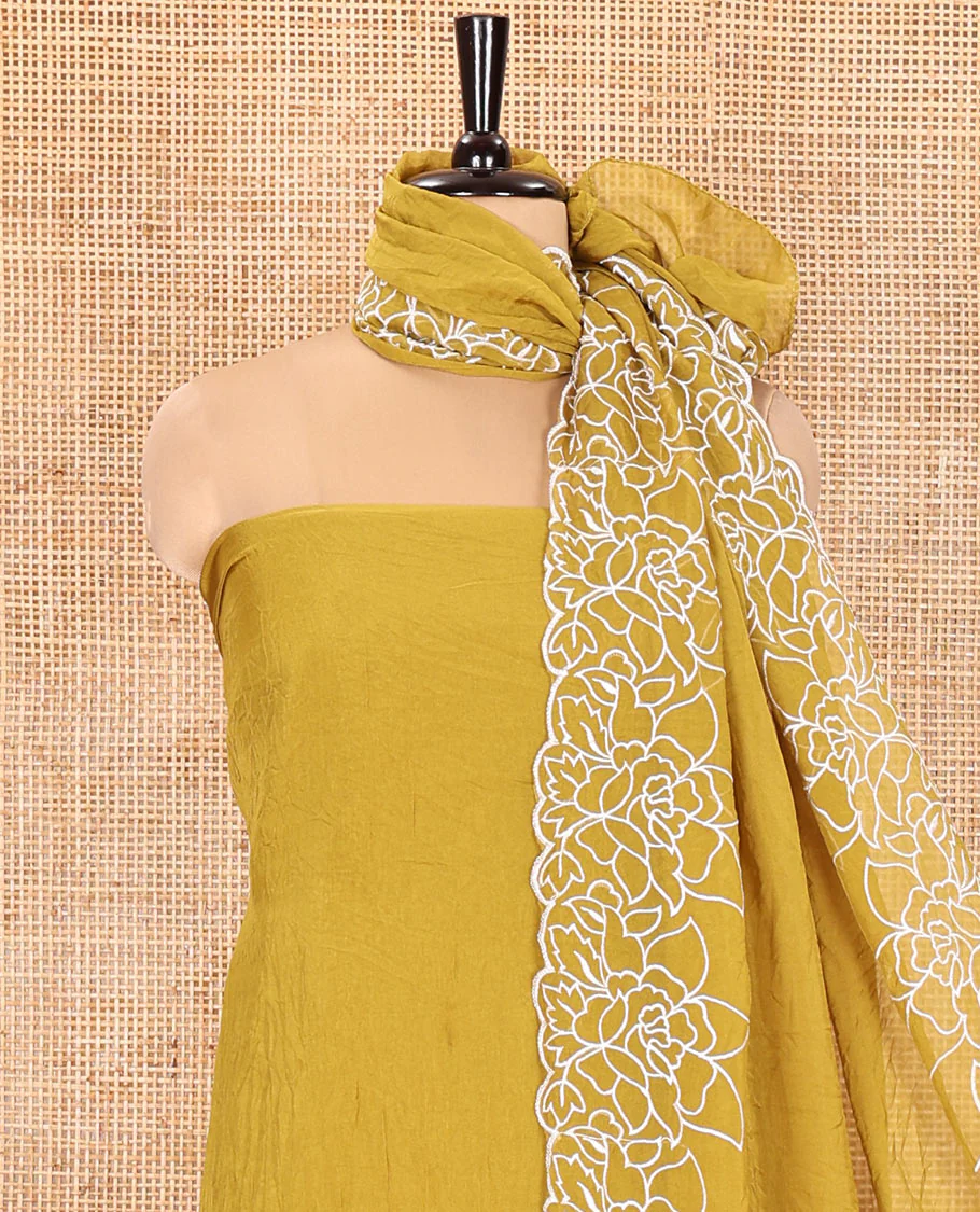 Yellow Organza Crushed Material Churidar Set, Elegantly Adorned with Floral-Themed Thread Embroidery Top, Comes with a Plain Santoon Bottom, and Is Paired with Organza Crushed Dupatta of Floral Thread Embroidery - Image 6