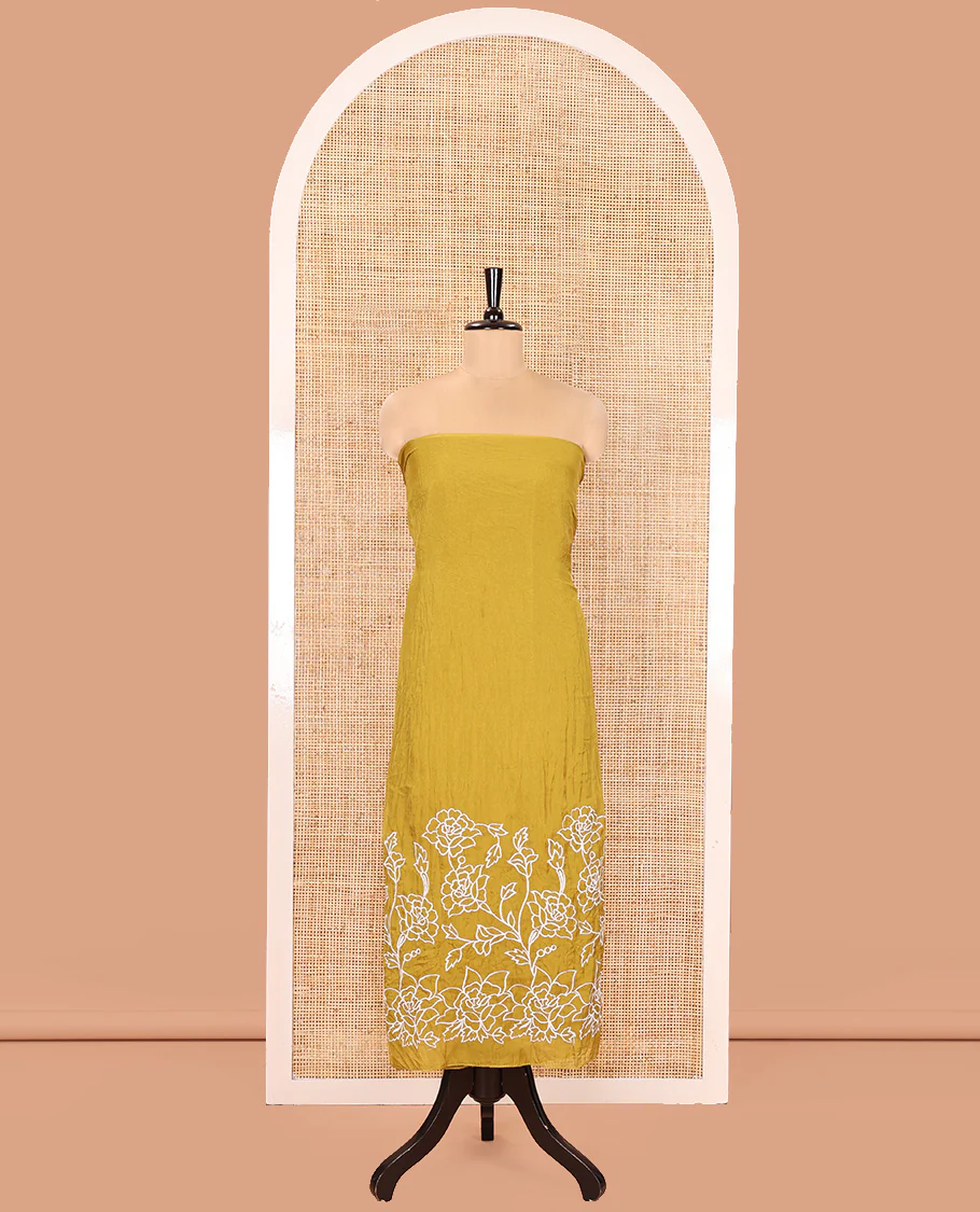 Yellow Organza Crushed Material Churidar Set, Elegantly Adorned with Floral-Themed Thread Embroidery Top, Comes with a Plain Santoon Bottom, and Is Paired with Organza Crushed Dupatta of Floral Thread Embroidery - Image 7