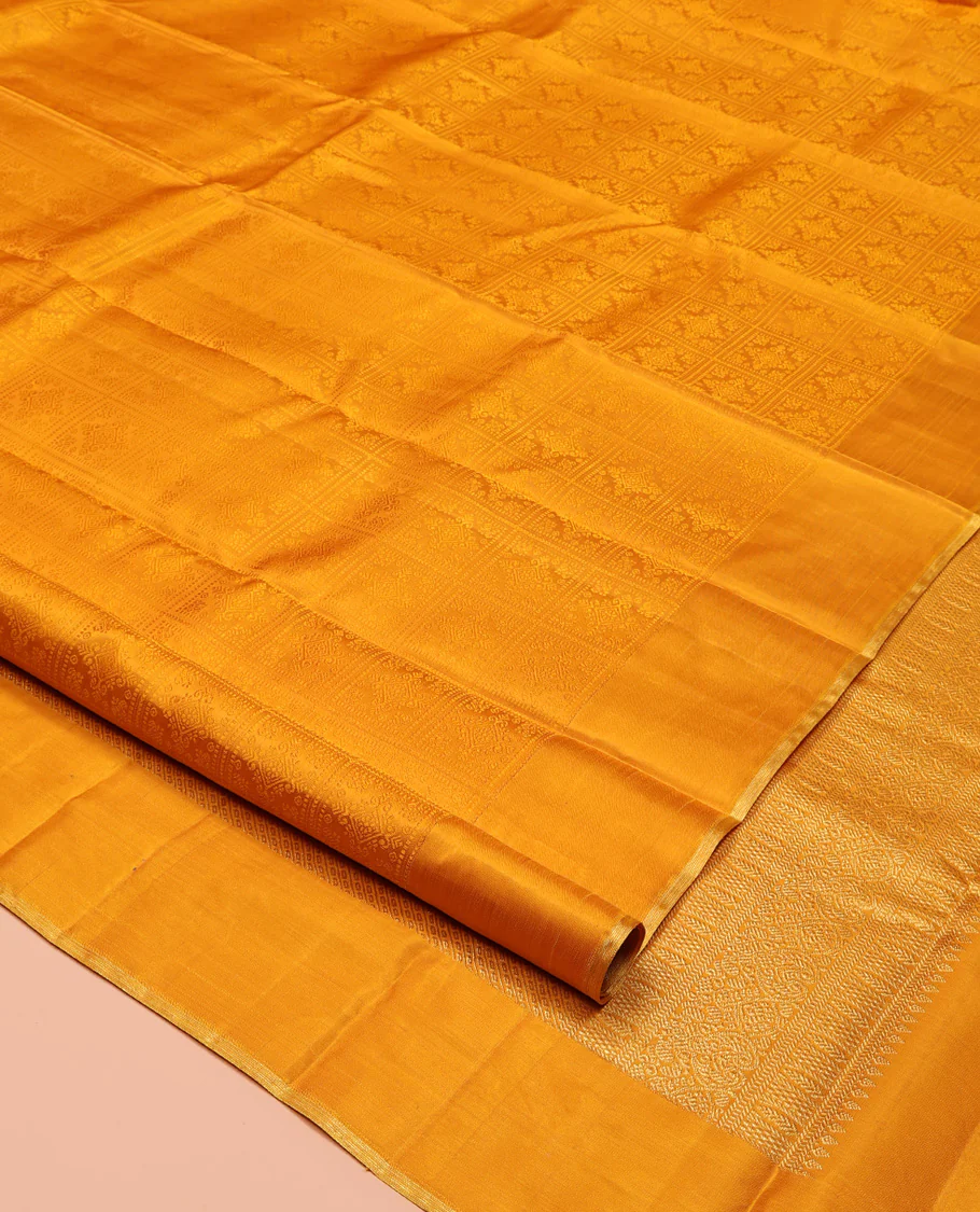 Yellow Parampara Silk Saree, Subtly Sparkled With Embossed Checked Texture On Its Body, Subtle Traditional Border, Geometric Patterned Pallu and Paired with a Matching Blouse - Image 2