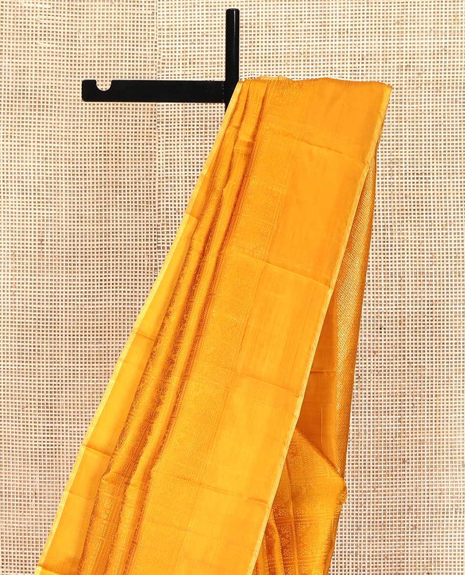 Yellow Parampara Silk Saree, Subtly Sparkled With Embossed Checked Texture On Its Body, Subtle Traditional Border, Geometric Patterned Pallu and Paired with a Matching Blouse - Image 3