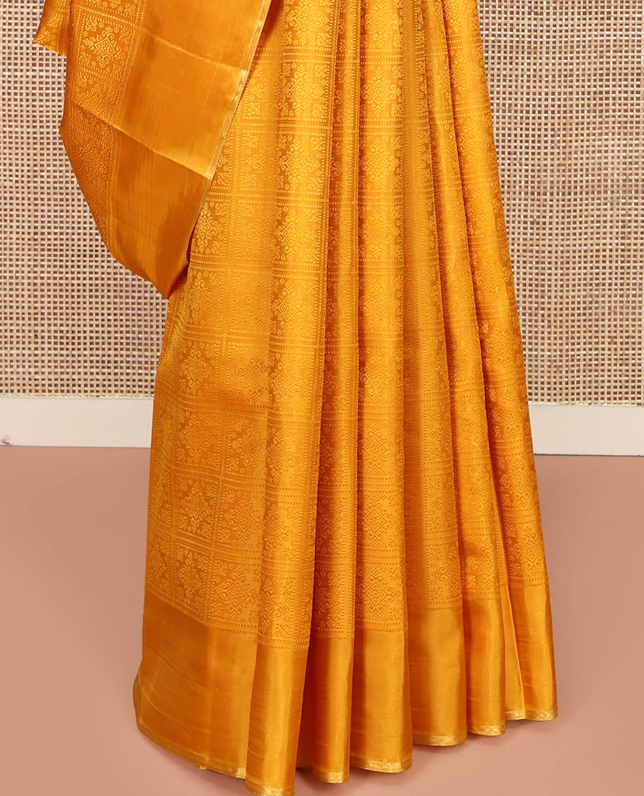 Yellow Parampara Silk Saree, Subtly Sparkled With Embossed Checked Texture On Its Body, Subtle Traditional Border, Geometric Patterned Pallu and Paired with a Matching Blouse - Image 4