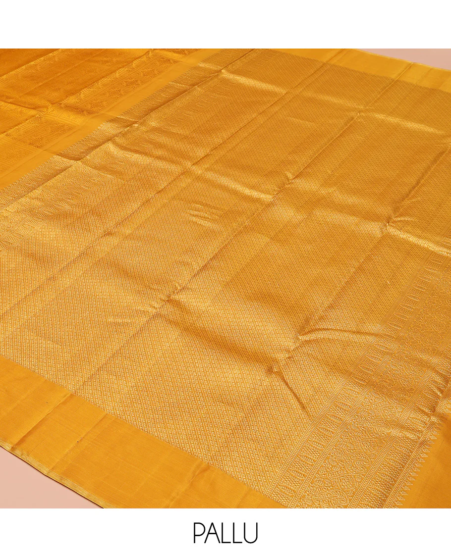 Yellow Parampara Silk Saree, Subtly Sparkled With Embossed Checked Texture On Its Body, Subtle Traditional Border, Geometric Patterned Pallu and Paired with a Matching Blouse - Image 5
