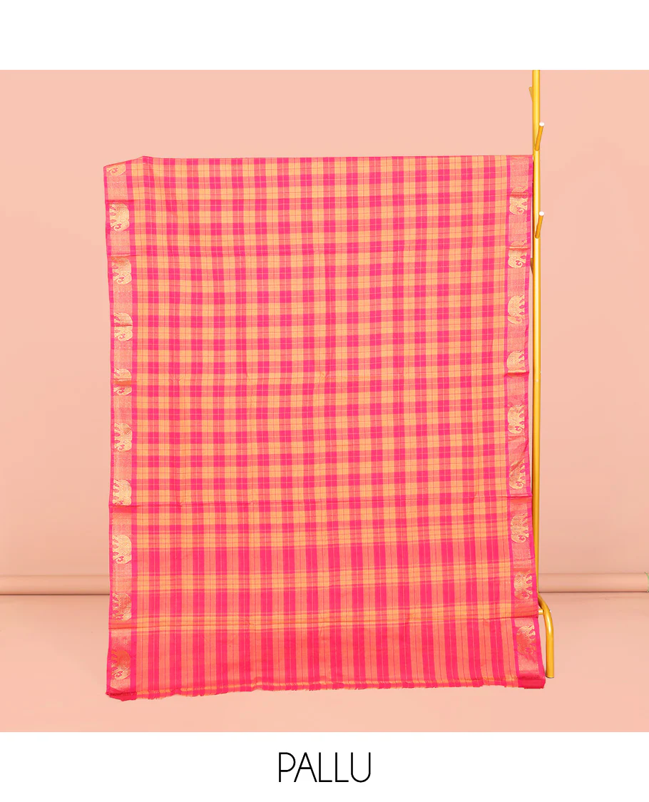 Yellow-Pink Chettinad Cotton Saree, Delicately Woven with Checks, Highlighted by Elephant Motifs Zari Border, Pallu of Stripes, and No Blouse - Image 3