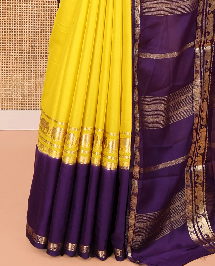 Yellow Plain Art Mysore Silk Saree, Complemented by Captivating Contrast Rettai Pettu Traditional Border of Elephant Zari Buttas, Striped Pallu, and Paired with a Contrast Blouse - Image 3