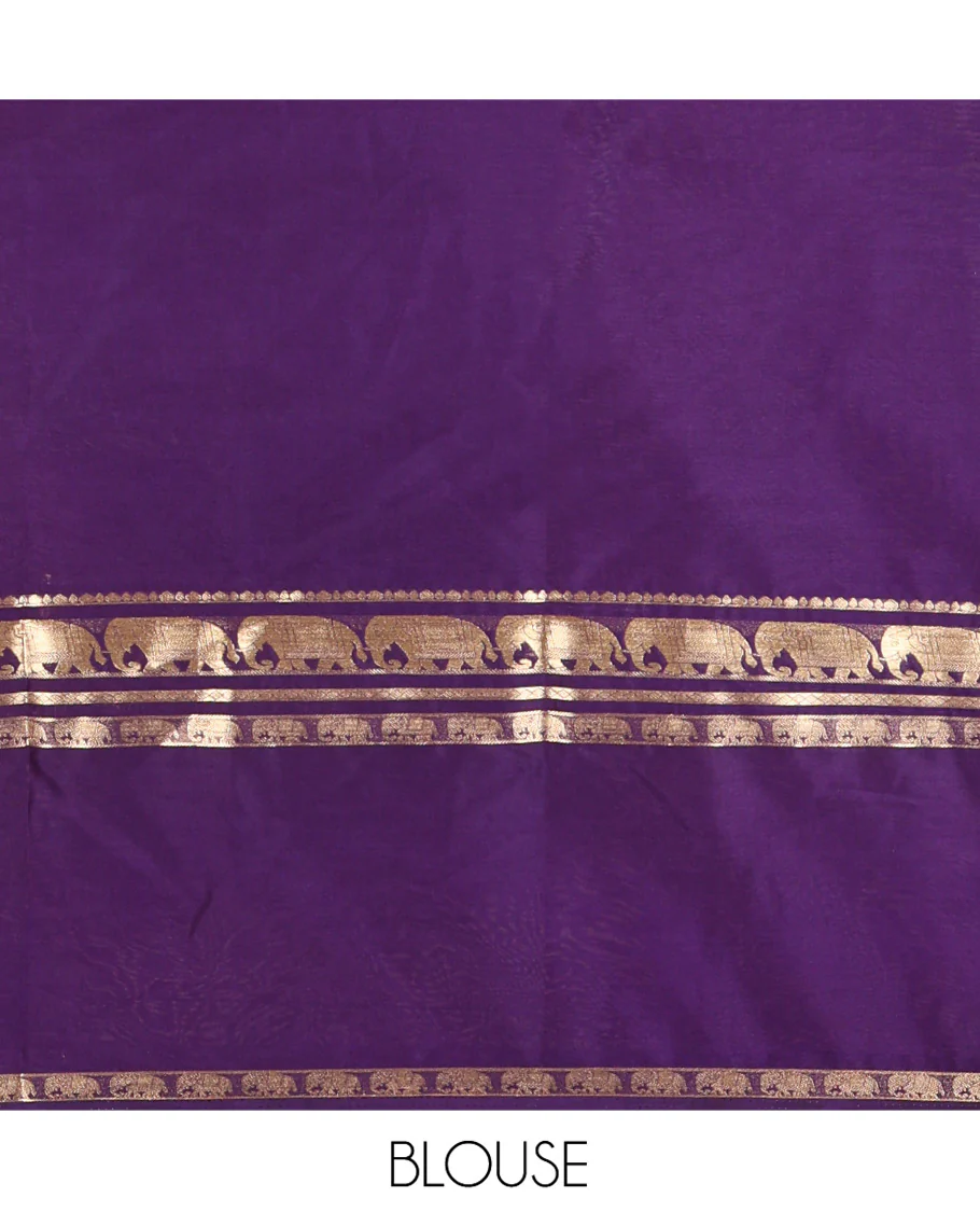 Yellow Plain Art Mysore Silk Saree, Complemented by Captivating Contrast Rettai Pettu Traditional Border of Elephant Zari Buttas, Striped Pallu, and Paired with a Contrast Blouse - Image 4