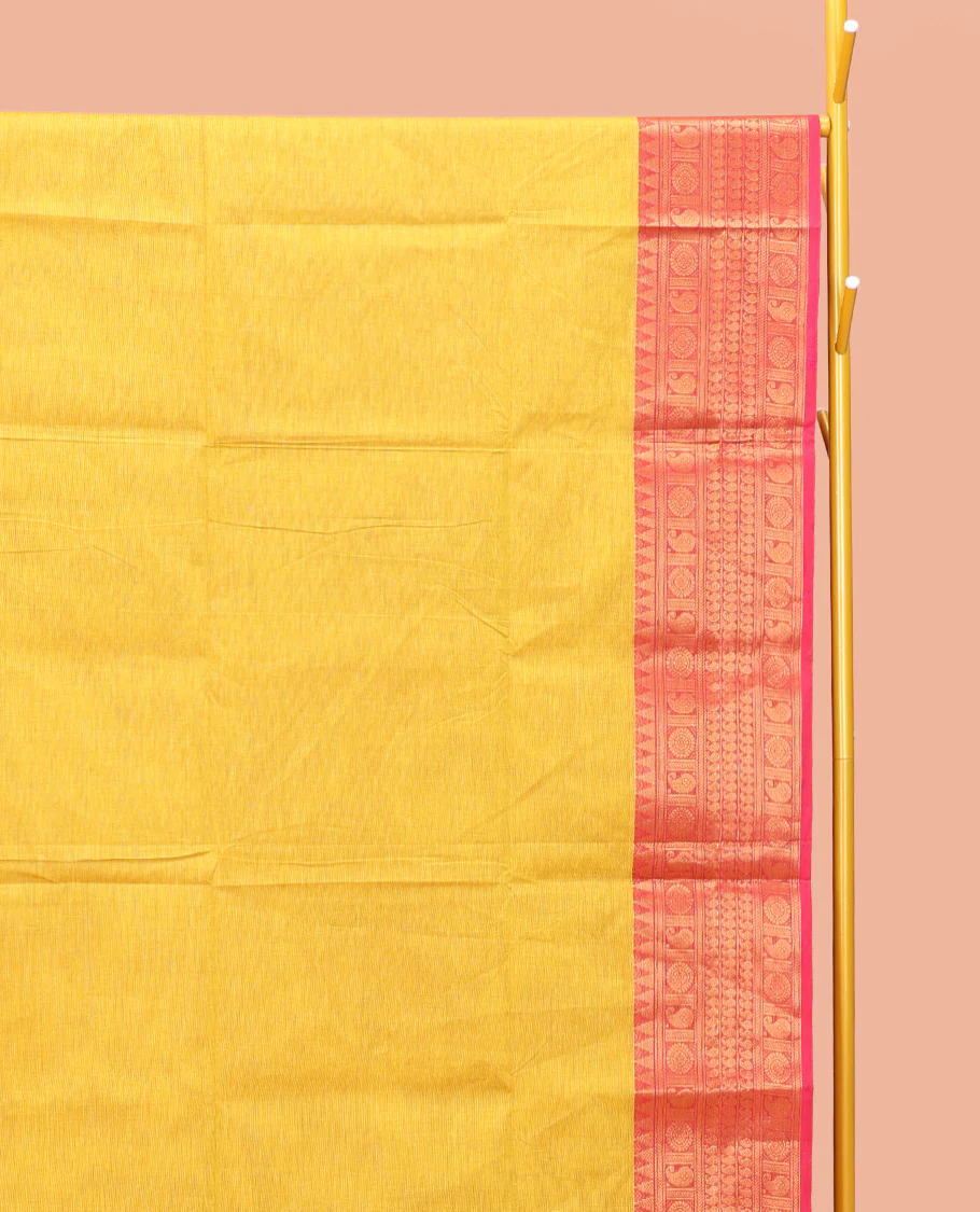 Yellow Plain Chettinad Cotton Saree, Captivating by a Contrast Traditional Zari Design Woven Temple Border, Pallu of Stripes, and Paired with a Matching Blouse - Image 2