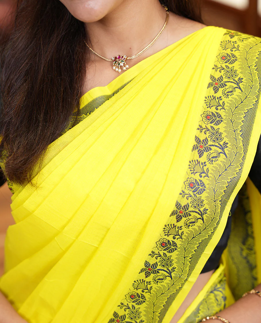 Yellow Plain Chettinad Cotton Saree, Subtle Self-Border of Floral Thread Design Weave, Subtly Striped Pallu, and Paired with a Matching Blouse - Image 3