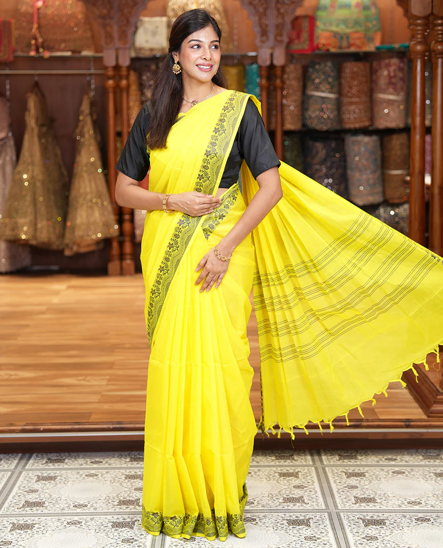 Yellow Plain Chettinad Cotton Saree, Subtle Self-Border of Floral Thread Design Weave, Subtly Striped Pallu, and Paired with a Matching Blouse - Image 4