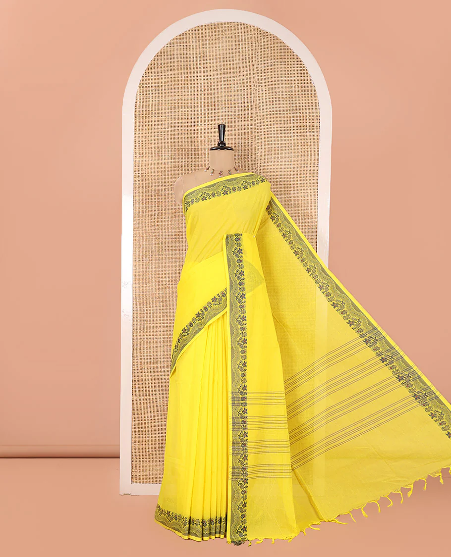 Yellow Plain Chettinad Cotton Saree, Subtle Self-Border of Floral Thread Design Weave, Subtly Striped Pallu, and Paired with a Matching Blouse - Image 5