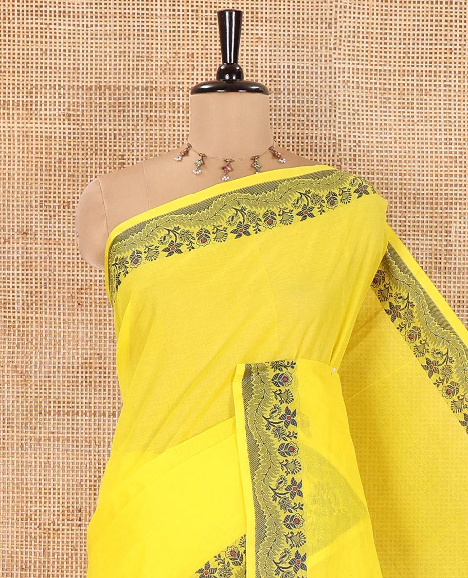 Yellow Plain Chettinad Cotton Saree, Subtle Self-Border of Floral Thread Design Weave, Subtly Striped Pallu, and Paired with a Matching Blouse - Image 6
