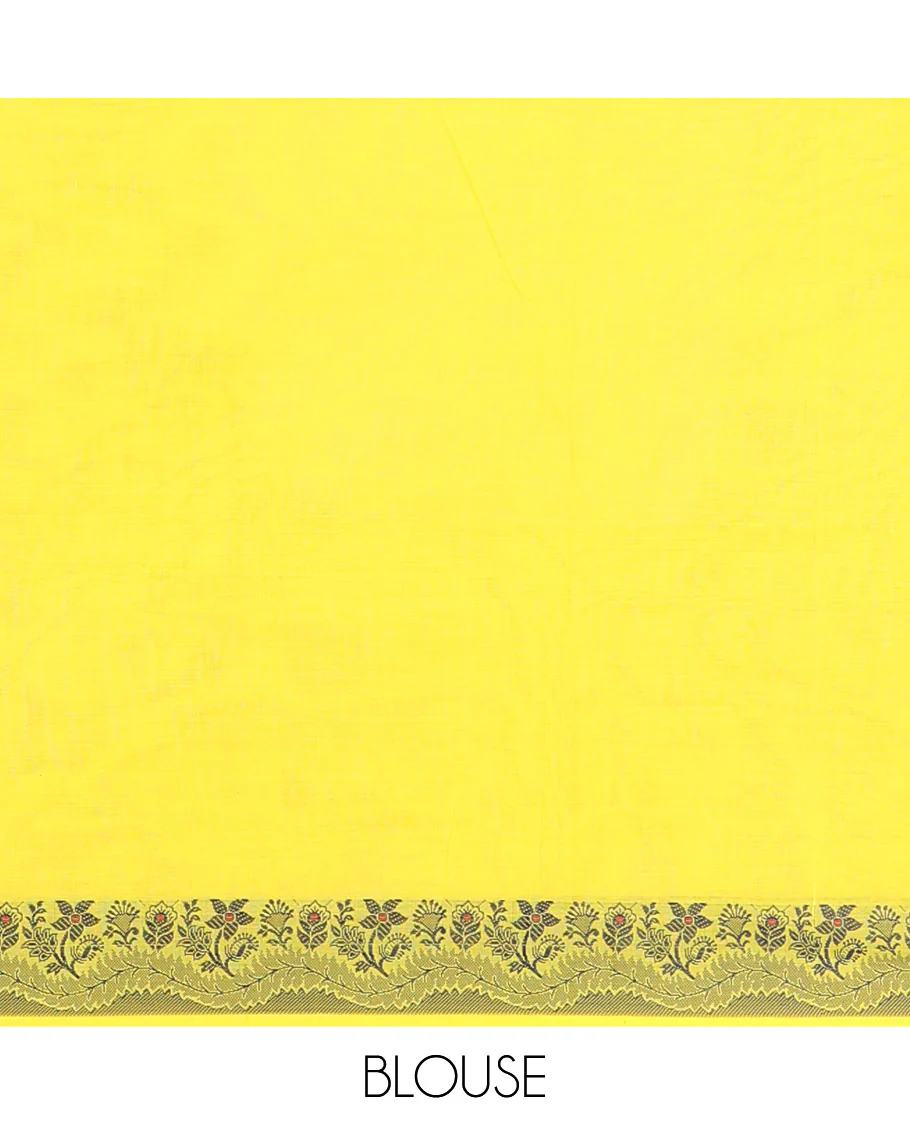 Yellow Plain Chettinad Cotton Saree, Subtle Self-Border of Floral Thread Design Weave, Subtly Striped Pallu, and Paired with a Matching Blouse - Image 7