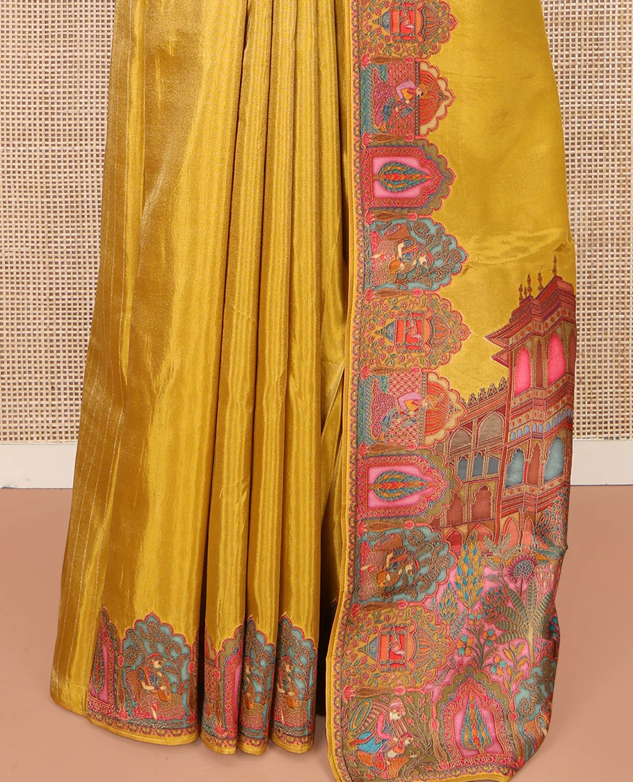 Yellow Plain Dola Silk Saree, Complemented by Captivating Contrast Border of Meenakari-style Mughal Human Figurines, Pallu Artfully Pictures Mughal Human Figurines, and Paired with a Matching Blouse - Image 4