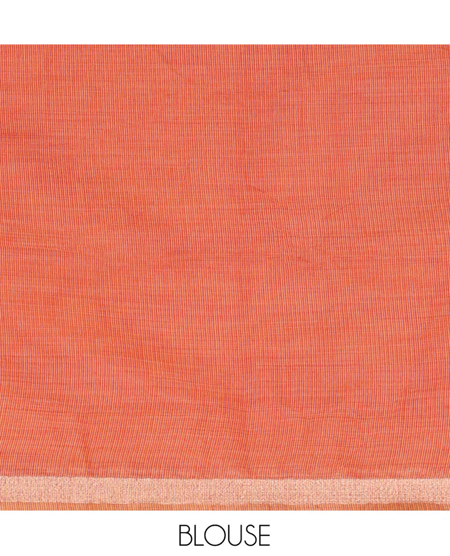 Yellow Plain Jamdani Cotton Saree, Highlighted by a Golden Zari Border, Pallu of Kashmiri-Style Weaving, and Paired with a Contrast Striped Blouse - Image 3