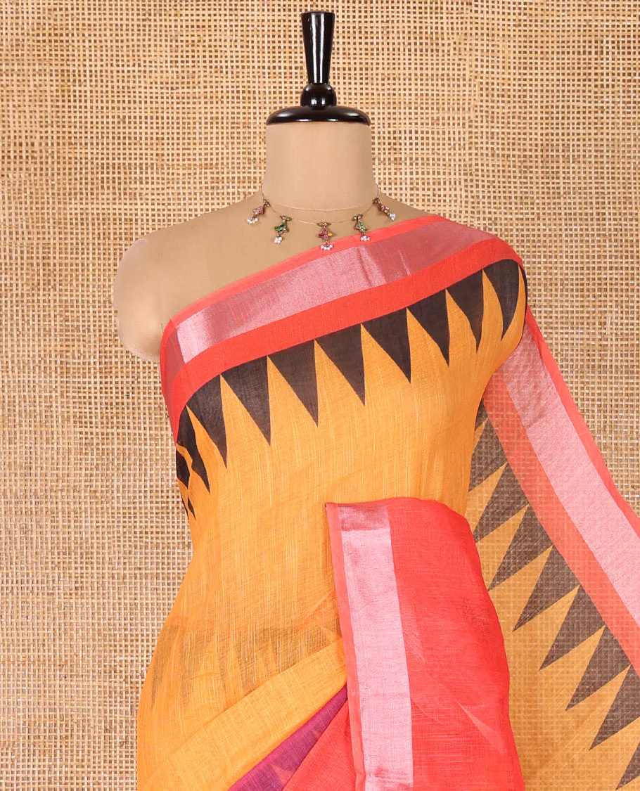 Yellow Plain Linen Cotton Saree, Complemented by a Contrast Temple Zari Border, Striped Pallu, and Paired with a Contrast Blouse - Image 2