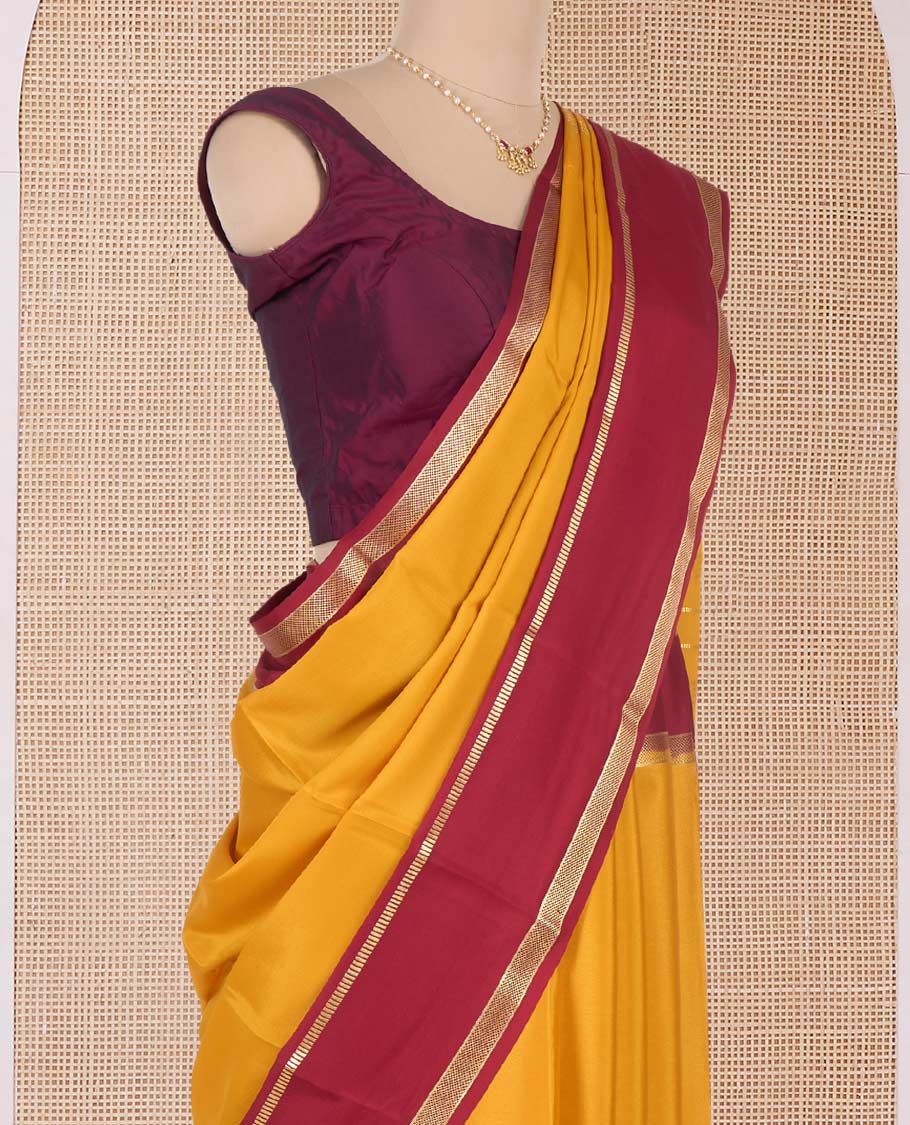 Yellow plain Mysore silk saree, contrast traditional zari border and pallu of zari designs - Image 3