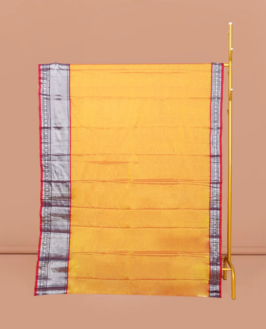 Yellow Plain Narayanpet Cotton Saree, Complemented by a Contrast Traditional Zari Design Border, Striped Pallu, and Comes Without a Blouse