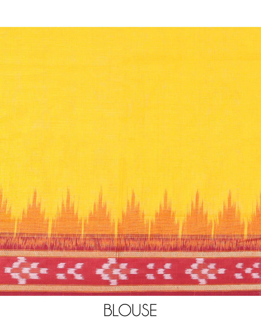 Yellow Plain Odisha Cotton Saree, Complemented by a Contrast Temple Border of Pasapalli Weaves, Pallu Features Intricate Patterns, and Paired with a Matching Blouse - Image 5