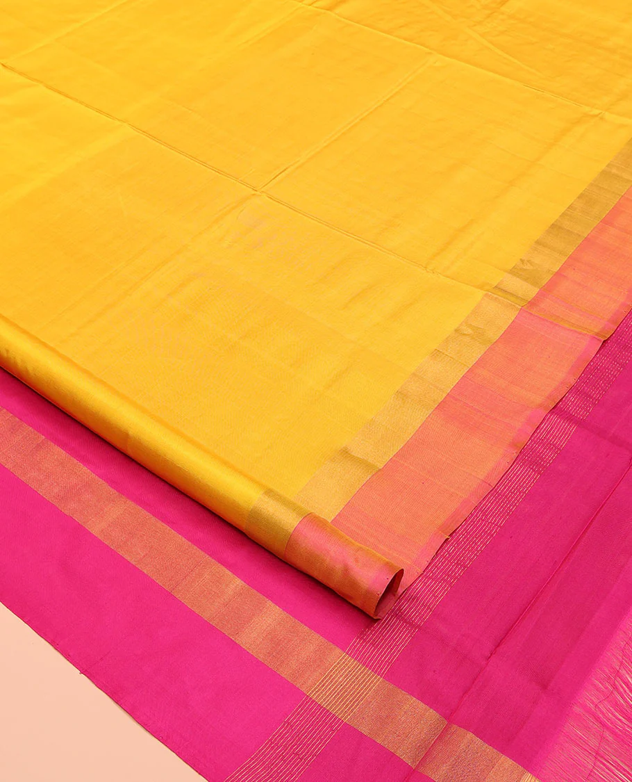 Yellow Plain Uppada Silk Saree, Complemented by a Contrast Plain Border, Plain Pallu, and Paired with a Contrast Blouse - Image 2