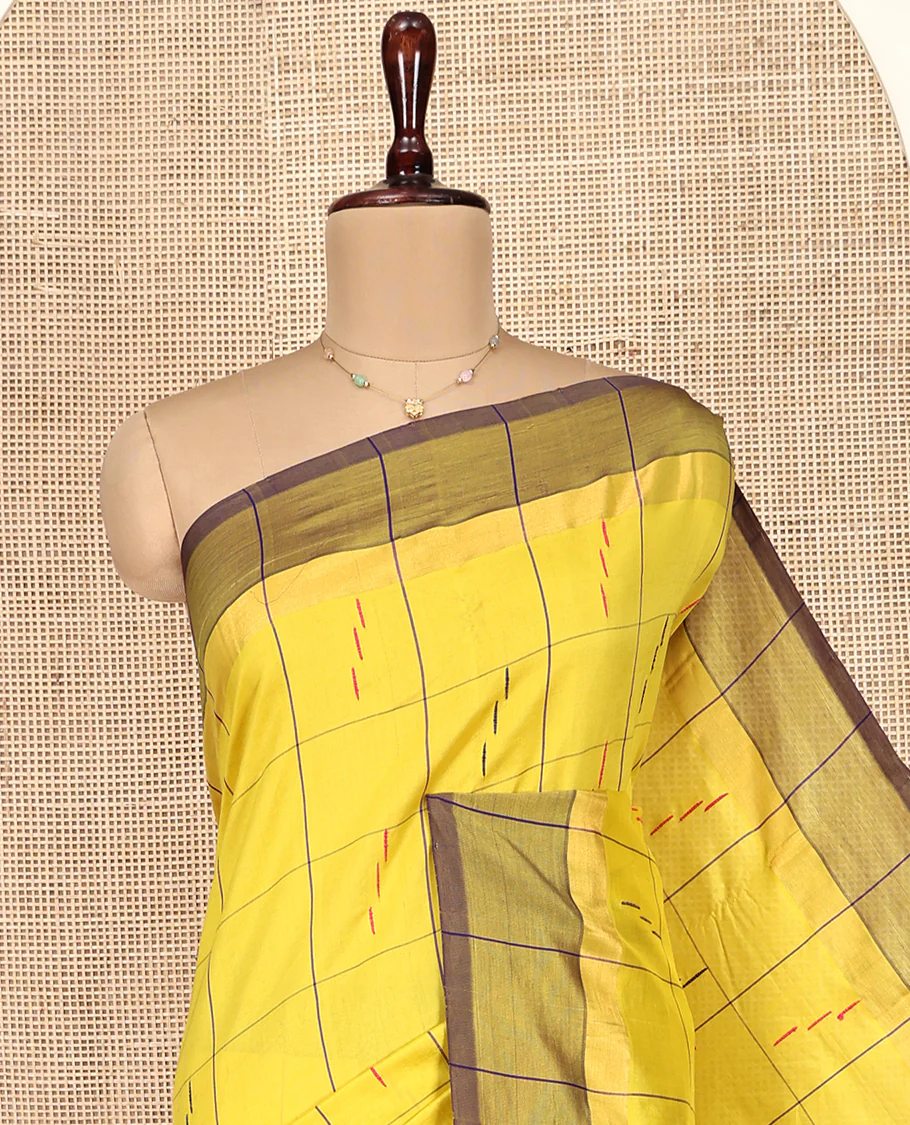 Yellow Poly Cotton Saree, Delicately Woven with Butta Enclosed Checks, Contrast Border, Complemented by Contrast Striped Pallu, and Paired with a Contrast Blouse - Image 2