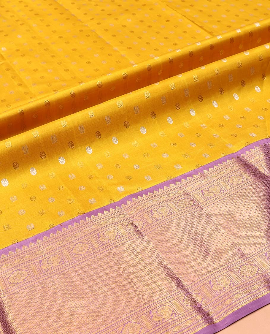 Yellow Pure Silk Half-Saree, Artfully Detailed with Mayil-Chakram Buttas on Its Skirt, Complemented by a Contrast Border of Rekku, Muthu, Diamond, Chakram, and Jaal Designs, Comes with a Contrast Blouse and a Dhavani of Jacquard Design - Image 5