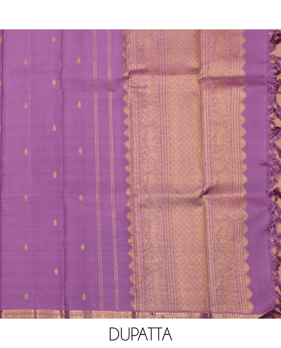 Yellow Pure Silk Half-Saree, Artfully Detailed with Mayil-Chakram Buttas on Its Skirt, Complemented by a Contrast Border of Rekku, Muthu, Diamond, Chakram, and Jaal Designs, Comes with a Contrast Blouse and a Dhavani of Jacquard Design - Image 6