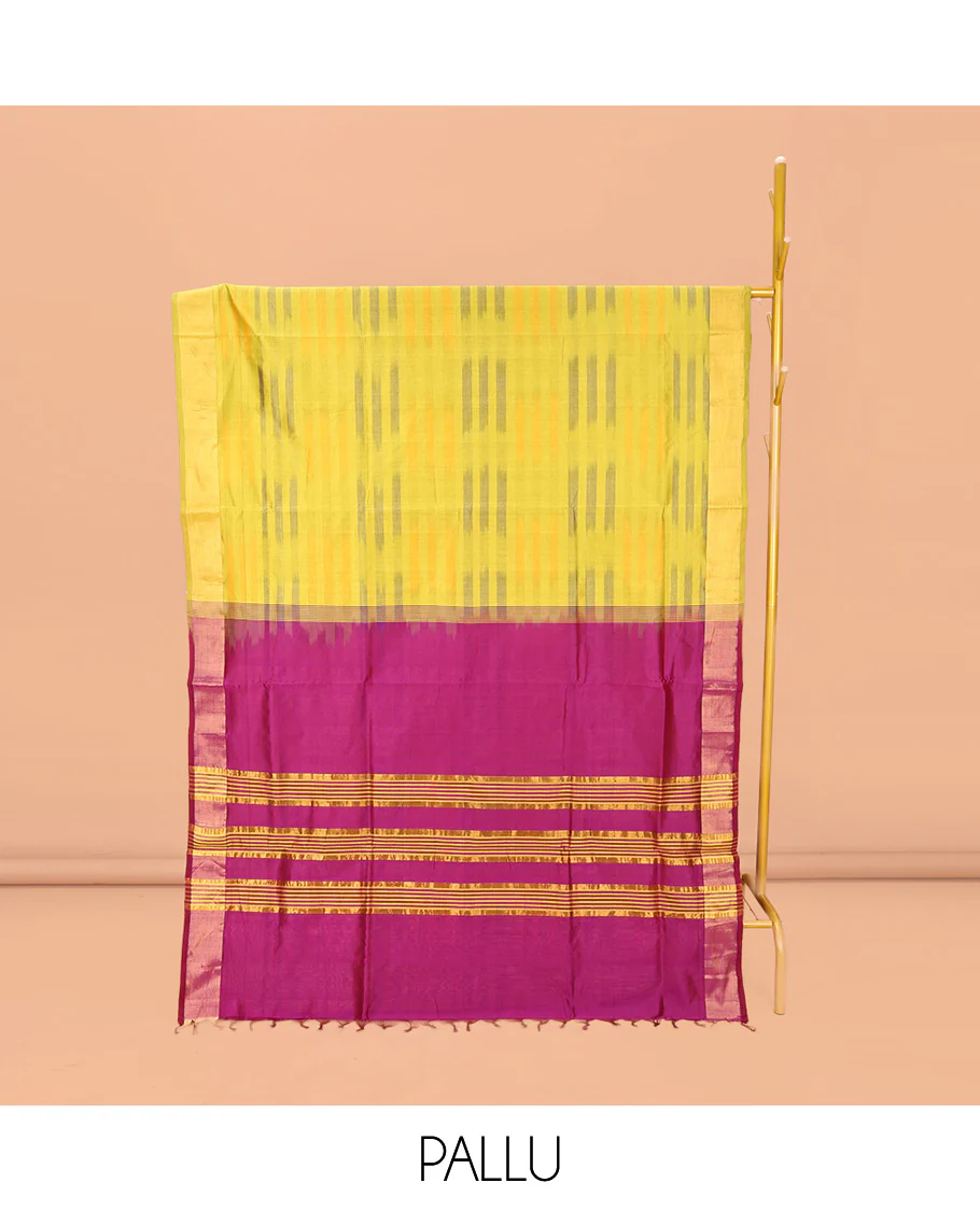 Yellow-Purple Poly Cotton Saree, Subtly Sparkled with Buttas all over its Body, a Subtle Border, Complemented by Contrast Pallu of Stripes, and Paired with a Contrast Blouse - Image 2