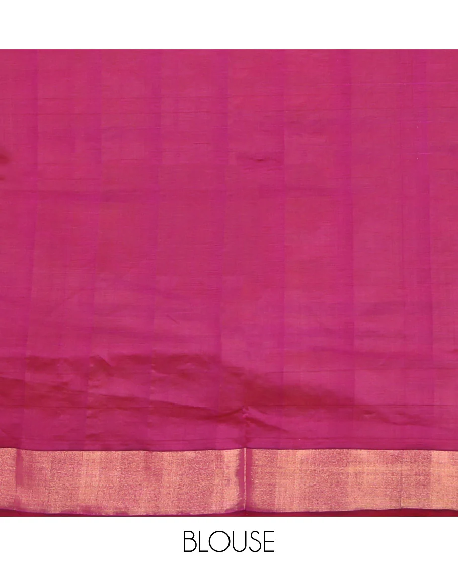 Yellow-Purple Poly Cotton Saree, Subtly Sparkled with Buttas all over its Body, a Subtle Border, Complemented by Contrast Pallu of Stripes, and Paired with a Contrast Blouse - Image 3