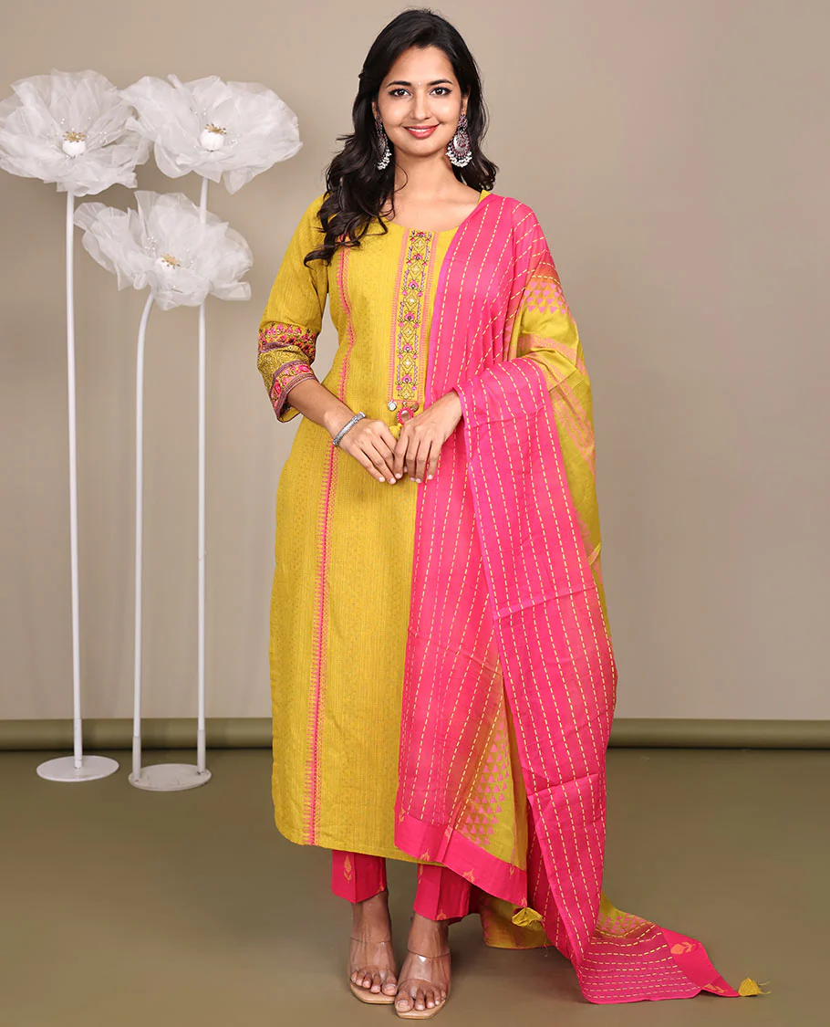 Yellow Ready-Made Cotton Suit, Subtly Sparkled with Geometric Weave, 3/4 Sleeves, and a Straight-Cut Top, Paired with Straight-Cut Pants and a Contrast Thread-Work Dupatta