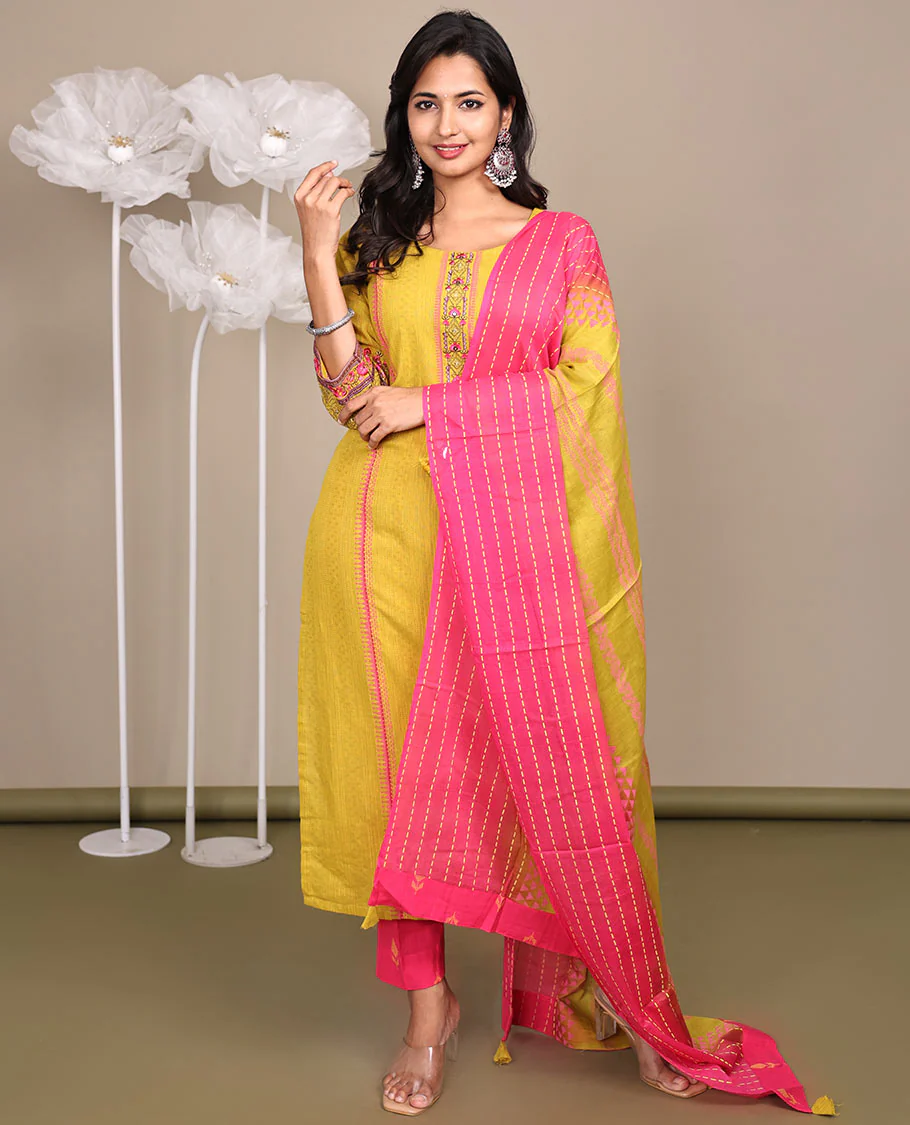 Yellow Ready-Made Cotton Suit, Subtly Sparkled with Geometric Weave, 3/4 Sleeves, and a Straight-Cut Top, Paired with Straight-Cut Pants and a Contrast Thread-Work Dupatta - Image 3