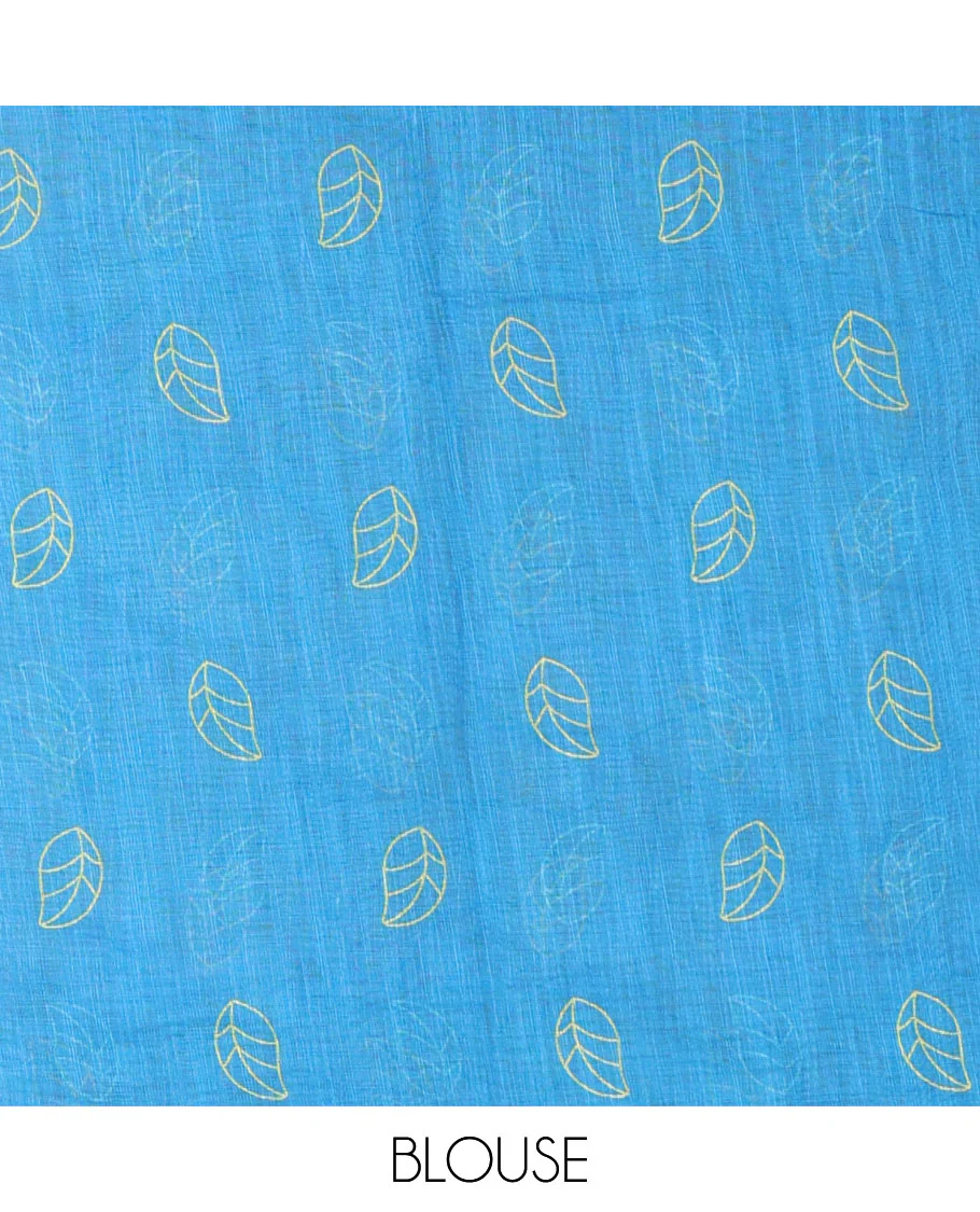Yellow rose floral printed linen cotton saree, contrast piping border, rose floral printed pallu, and a contrast leaf motifs printed blouse - Image 3