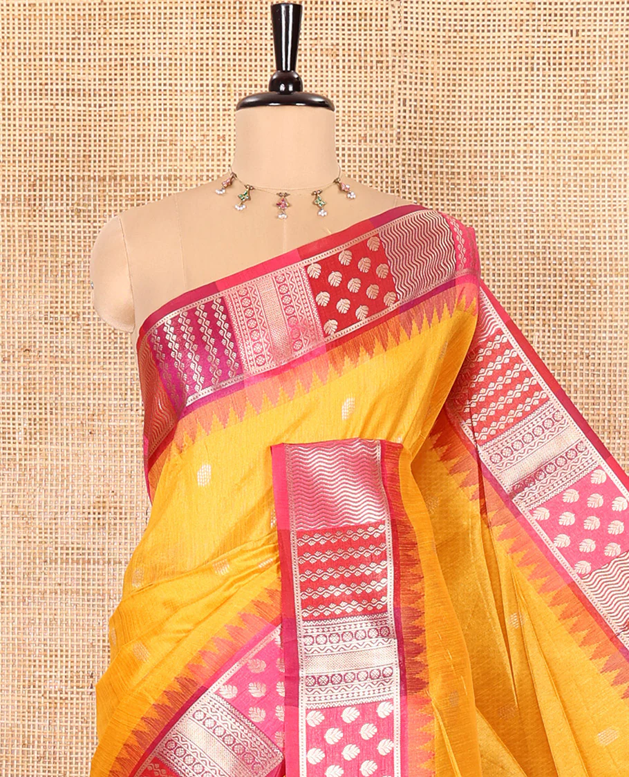 Yellow Semi-Raw Silk Saree, Accentuated with Buttas All Over Its Body, Complemented by Contrast Meenakari-Style Woven Border of Geometric Zari Designs, Majestically Detailed Pallu, and Paired with a Contrast Blouse - Image 2