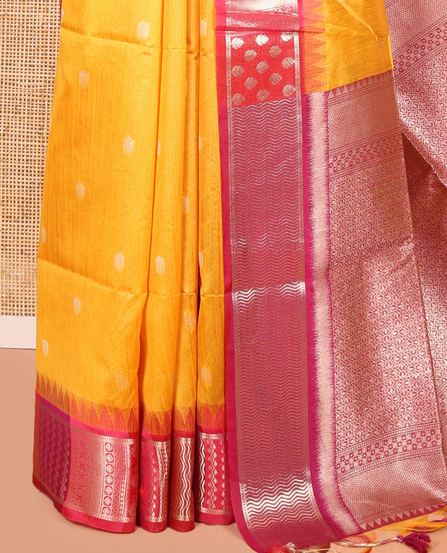 Yellow Semi-Raw Silk Saree, Accentuated with Buttas All Over Its Body, Complemented by Contrast Meenakari-Style Woven Border of Geometric Zari Designs, Majestically Detailed Pallu, and Paired with a Contrast Blouse - Image 3