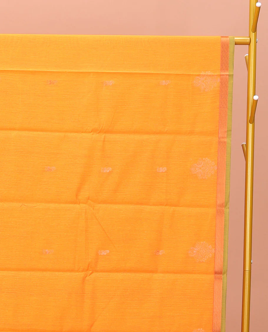 Yellow Semi-Silk Cotton Saree, Lightly Woven with Zari Buttas All Over Its Body, Highlighted by a Zari Piping Border, Complemented by a Contrast Pallu of Butta Enclosed Checked Design, and Paired with a Contrast Blouse - Image 2