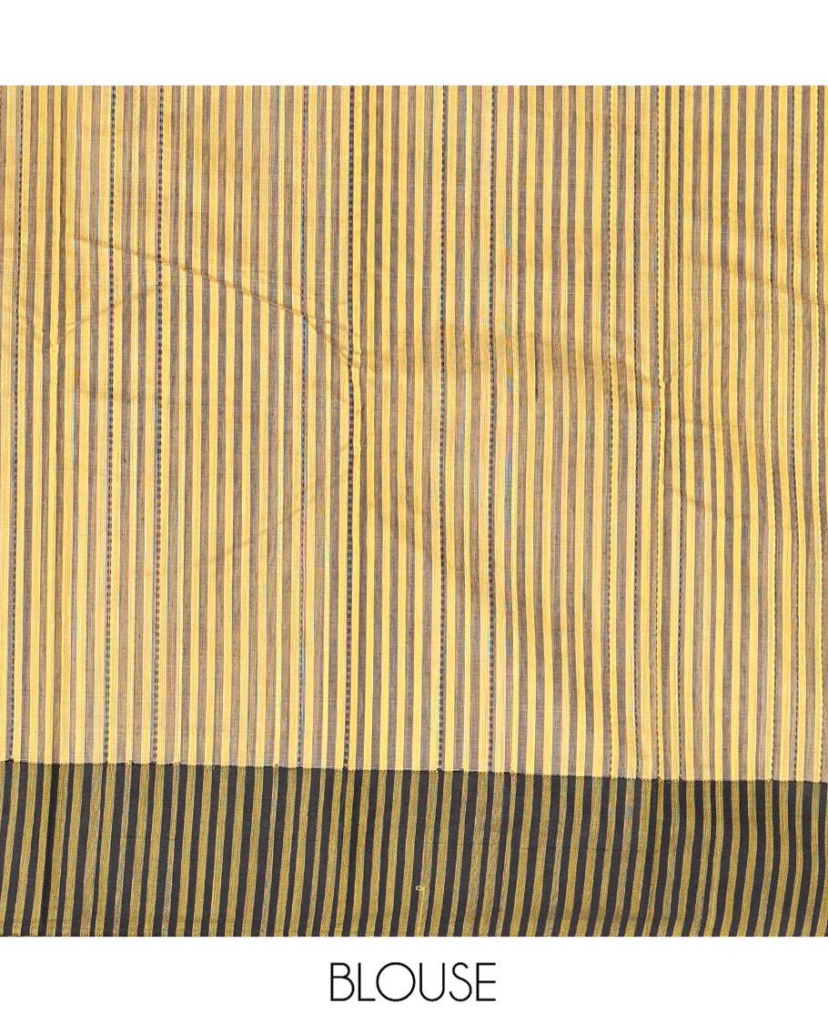 Yellow Semi-Silk Cotton Saree, Sparsely Sparkled with stripes All Over Its Body, complemented by a Contrast Border, Striped Pallu, and Paired with a Matching Blouse - Image 3