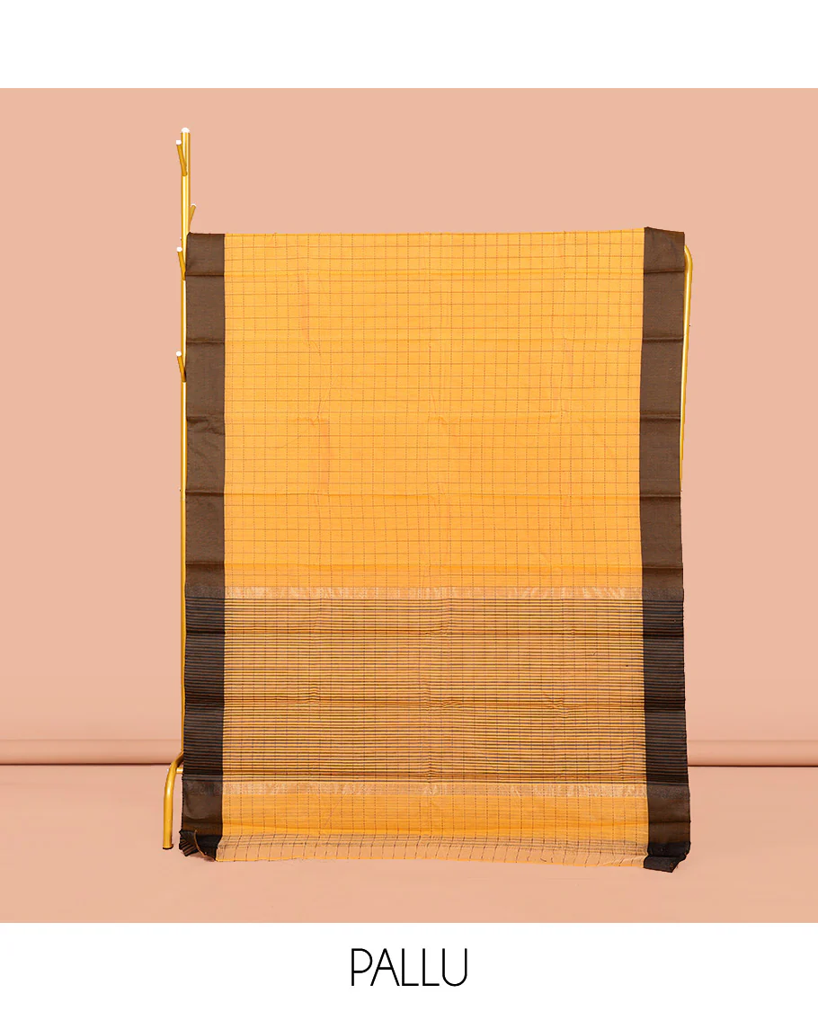 Yellow Semi-Silk Cotton Saree, Sparsely Threaded with Checks All Over Its Body, Complemented by a Contrast Border, Striped Pallu, and Paired with a Matching Blouse - Image 2