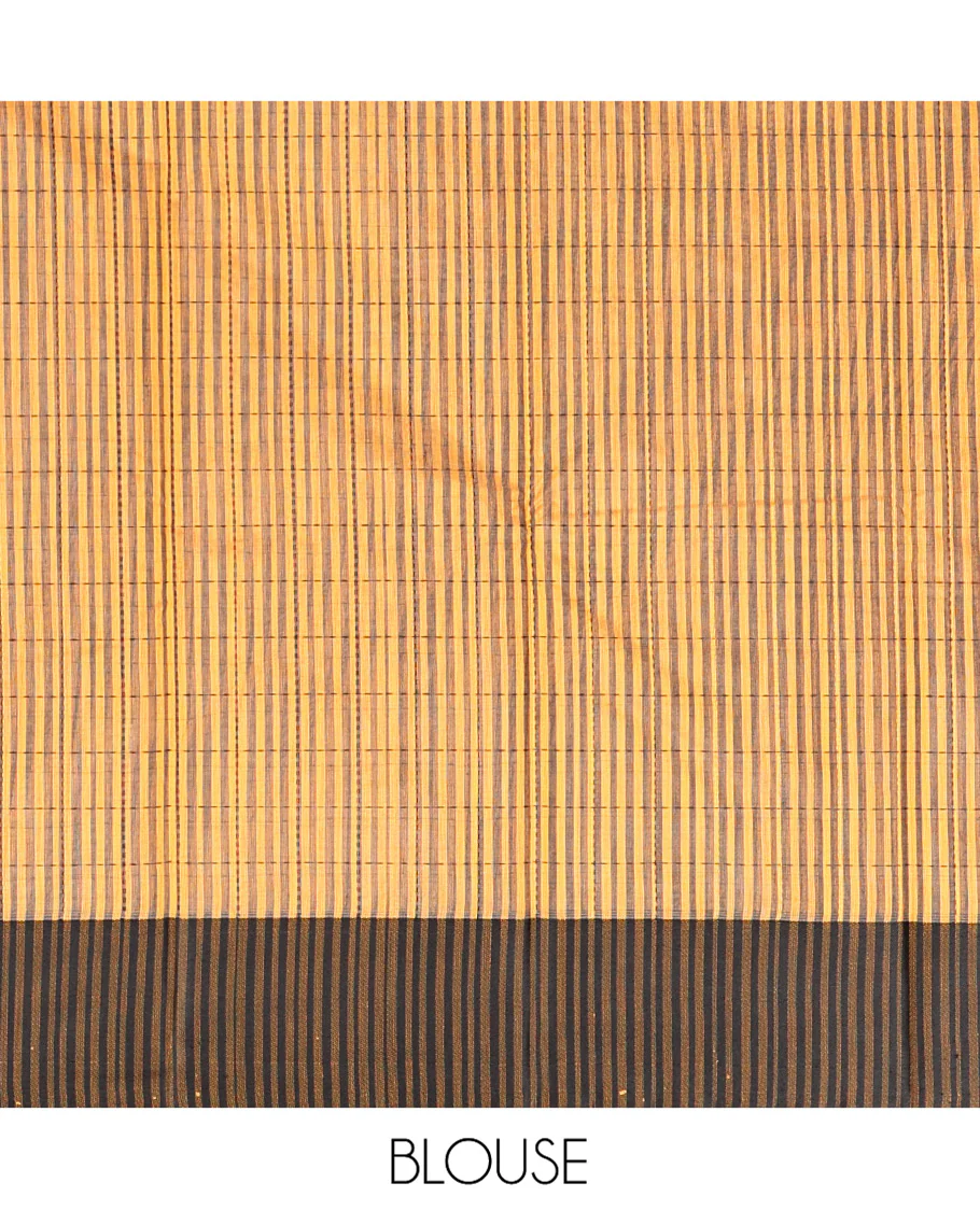 Yellow Semi-Silk Cotton Saree, Sparsely Threaded with Checks All Over Its Body, Complemented by a Contrast Border, Striped Pallu, and Paired with a Matching Blouse - Image 3