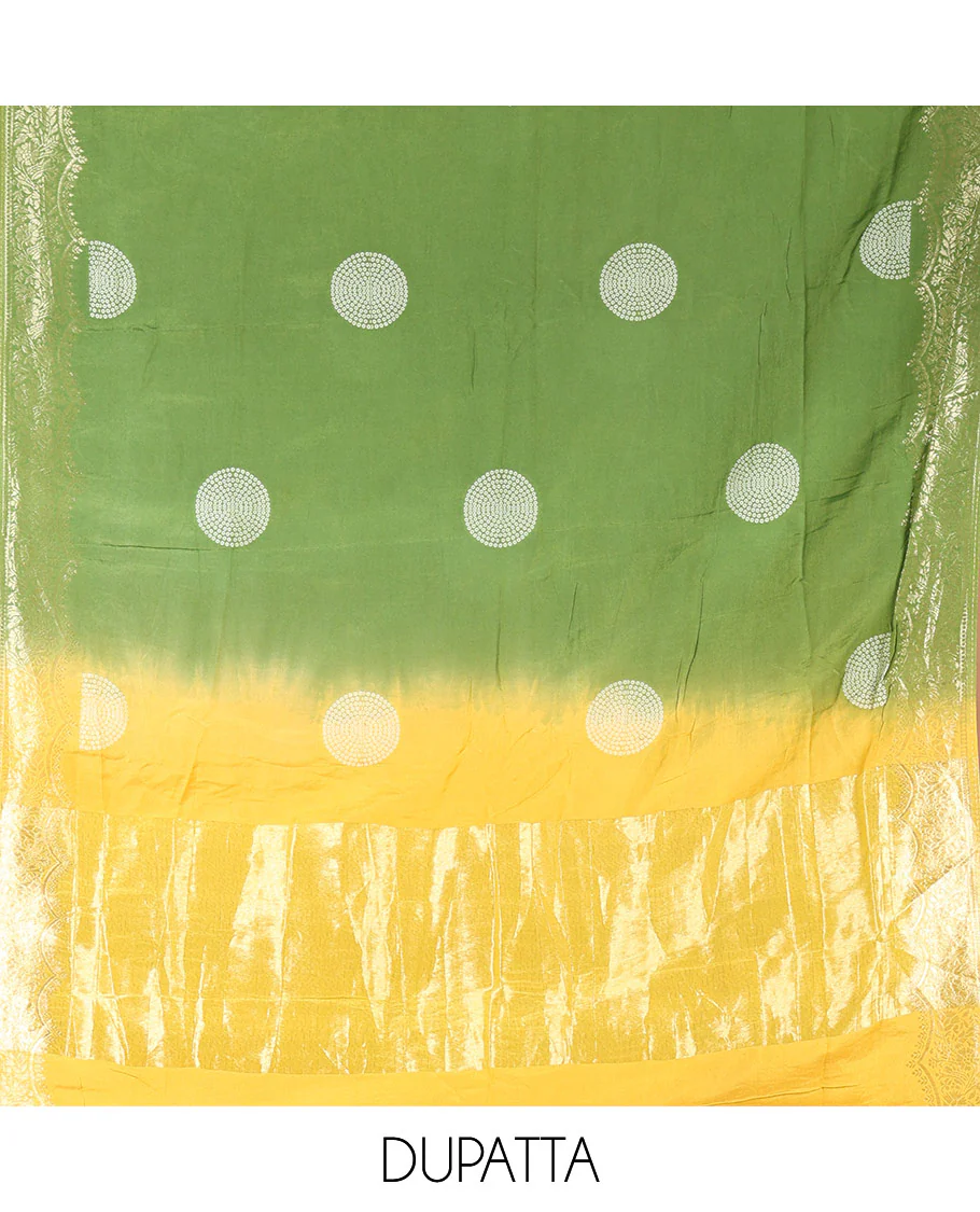 Yellow Semi Silk Material Churidar Set, Subtly Made Plain Top, a Plain Santoon Bottom, and Is Paired with a Dual-Colored Bandhani Motifs Semi Silk Dupatta - Image 2