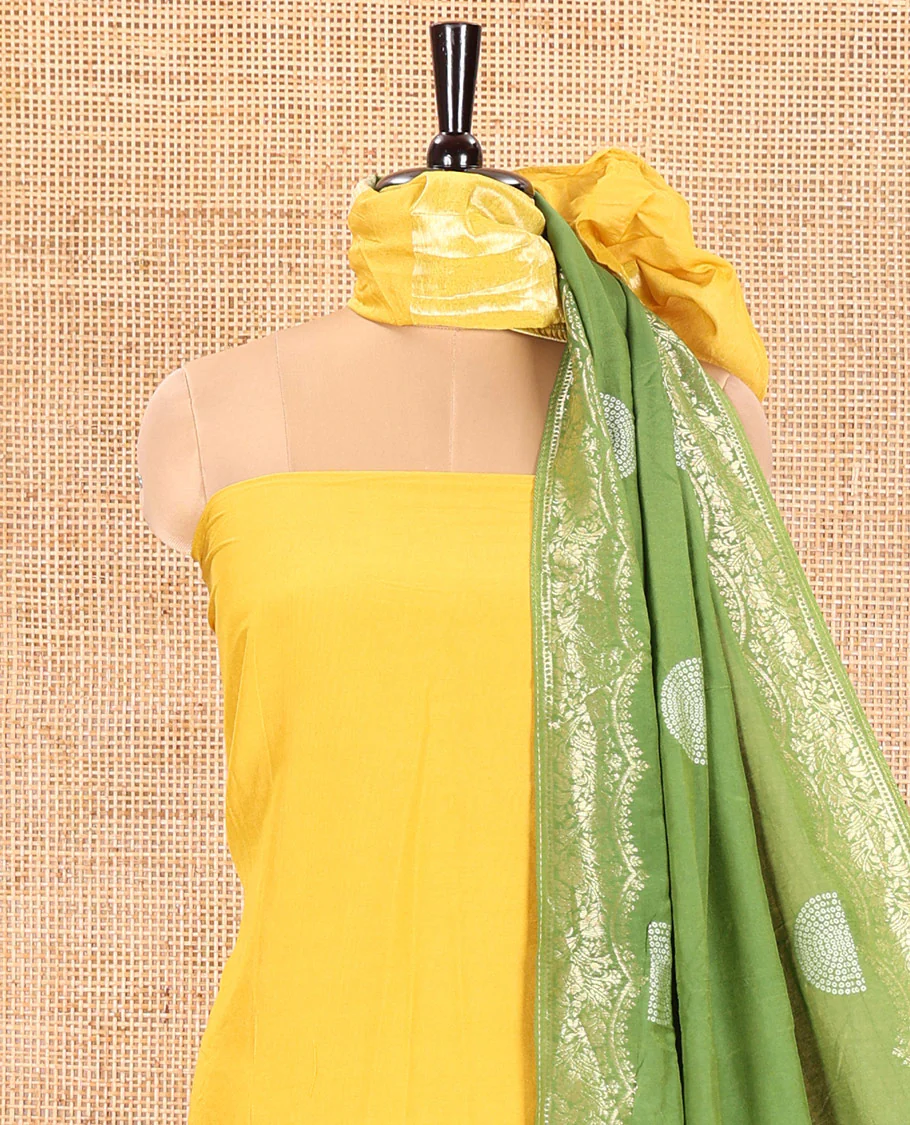 Yellow Semi Silk Material Churidar Set, Subtly Made Plain Top, a Plain Santoon Bottom, and Is Paired with a Dual-Colored Bandhani Motifs Semi Silk Dupatta - Image 3