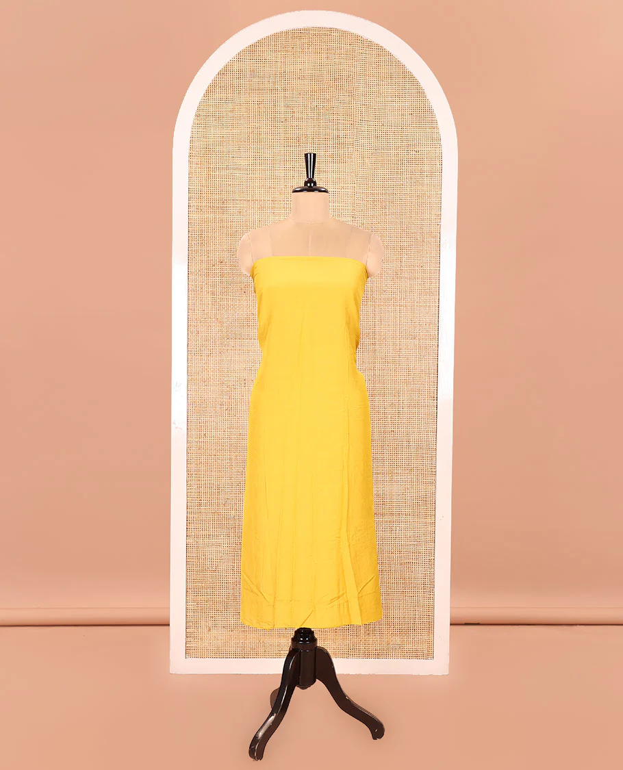 Yellow Semi Silk Material Churidar Set, Subtly Made Plain Top, a Plain Santoon Bottom, and Is Paired with a Dual-Colored Bandhani Motifs Semi Silk Dupatta - Image 4