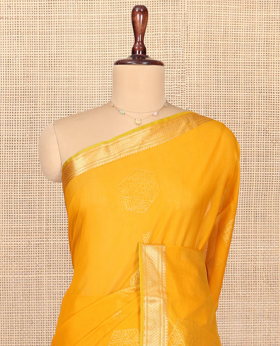 Yellow Silk Cotton Saree, Sparsely Woven with Geometric Buttas All Over Its Body, Highlighted by Traditional Zari Designs Woven Border, Grand Jaal Pallu and Paired with a Matching Blouse - Image 2