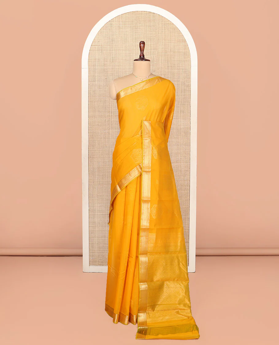 Yellow Silk Cotton Saree, Sparsely Woven with Geometric Buttas All Over Its Body, Highlighted by Traditional Zari Designs Woven Border, Grand Jaal Pallu and Paired with a Matching Blouse - Image 3