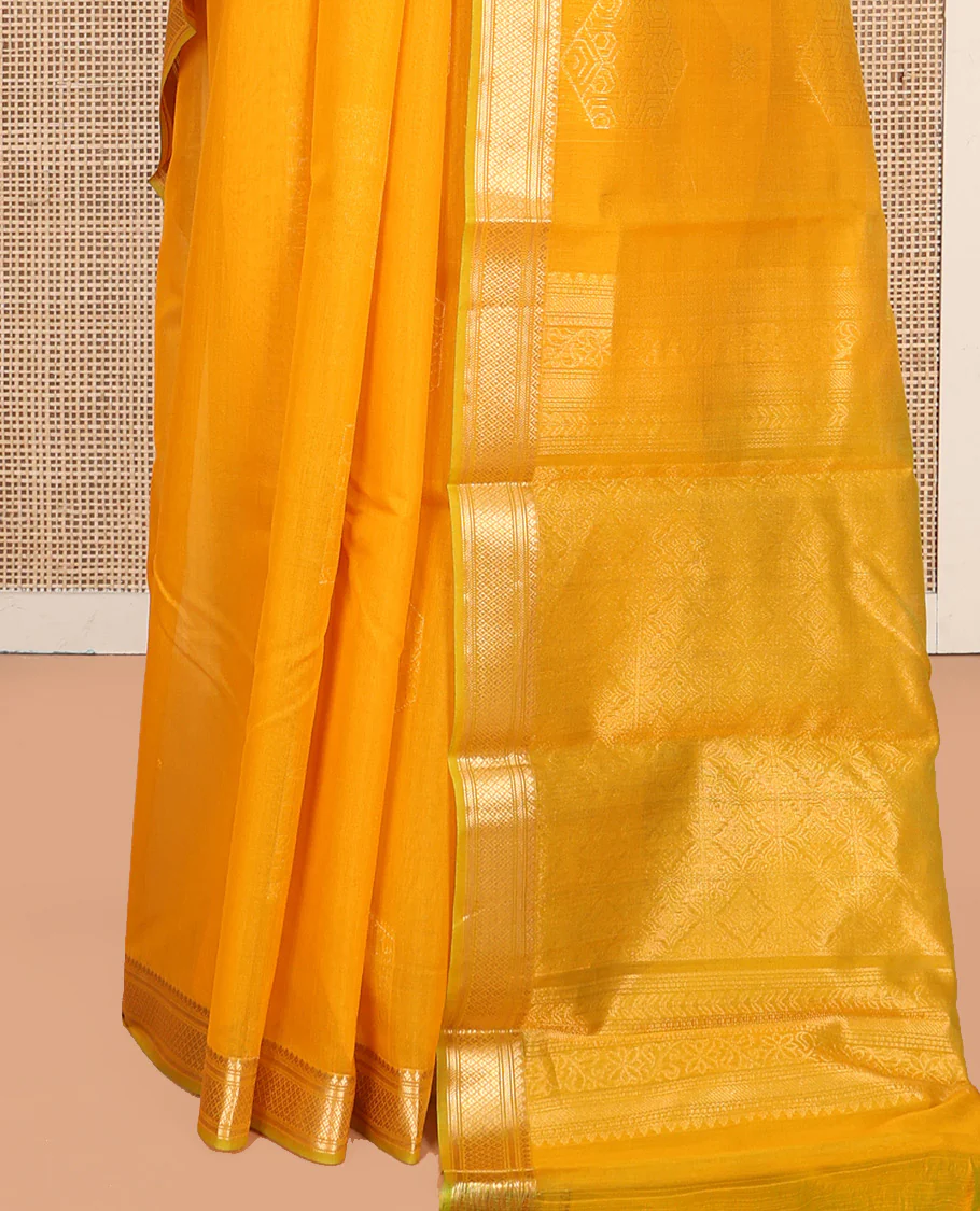 Yellow Silk Cotton Saree, Sparsely Woven with Geometric Buttas All Over Its Body, Highlighted by Traditional Zari Designs Woven Border, Grand Jaal Pallu and Paired with a Matching Blouse - Image 4