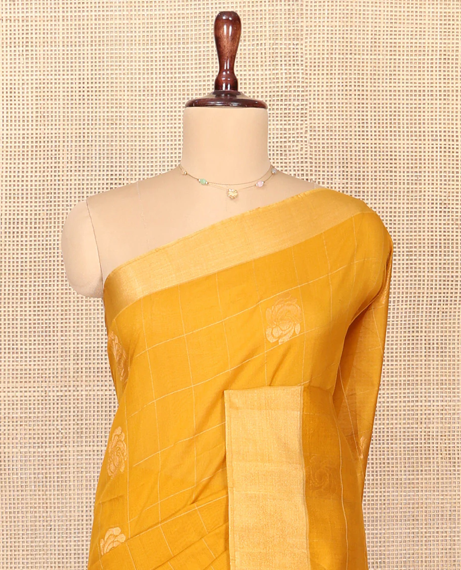 Yellow Silk Cotton Saree, Subtly Sparkled With Butta Enclosed Checks On Its, Subtle Bavanji Border, Grand Jaal Pallu and Paired with a Matching Blouse - Image 2