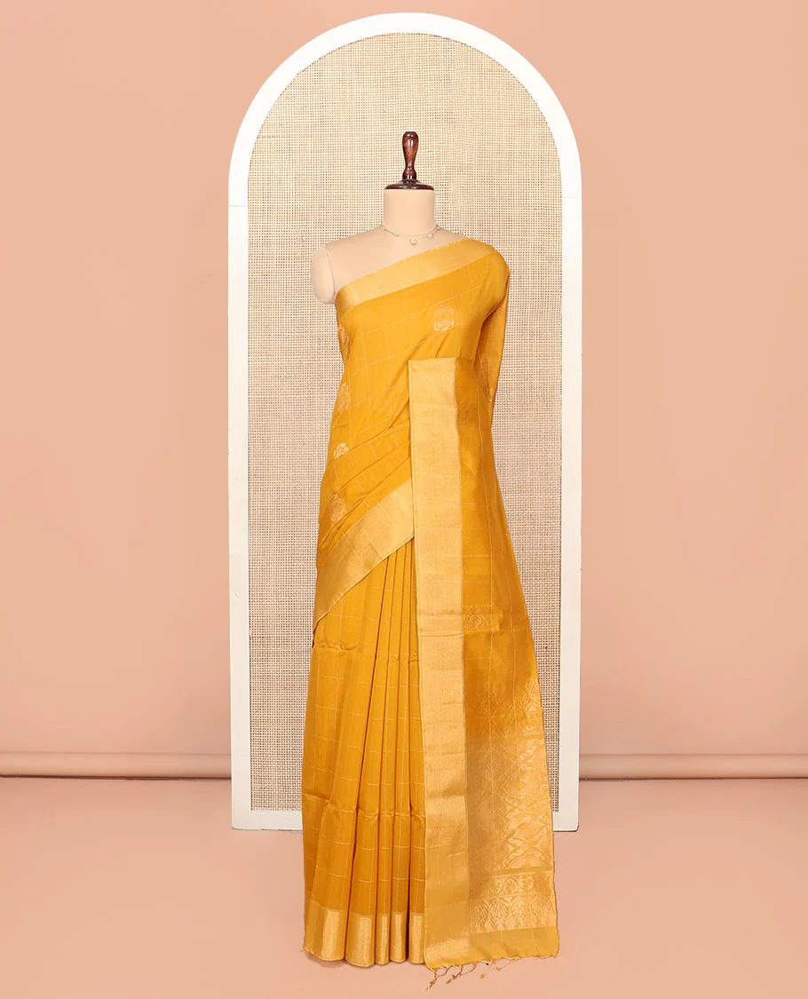 Yellow Silk Cotton Saree, Subtly Sparkled With Butta Enclosed Checks On Its, Subtle Bavanji Border, Grand Jaal Pallu and Paired with a Matching Blouse - Image 3
